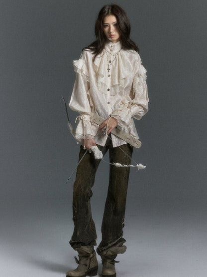 Patchwork Pearlescent Ruffled Stand Collar Shirt【s0000019242】