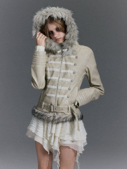 Napoleon Hooded Wool Collar Leather Coat【s0000019239】