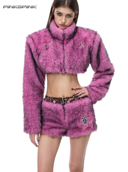 Pink Leopard Furry Miniskirt【s0000015126】
