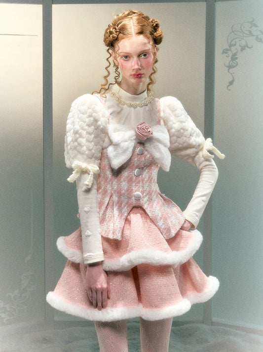 Tweed Fur Flower Bow Pom Pom Set【s0000006047】