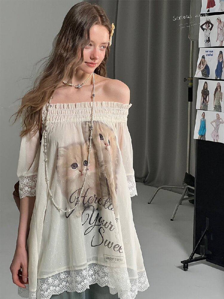 Lace Patchwork Cat Print T-Shirt【s0000017303】