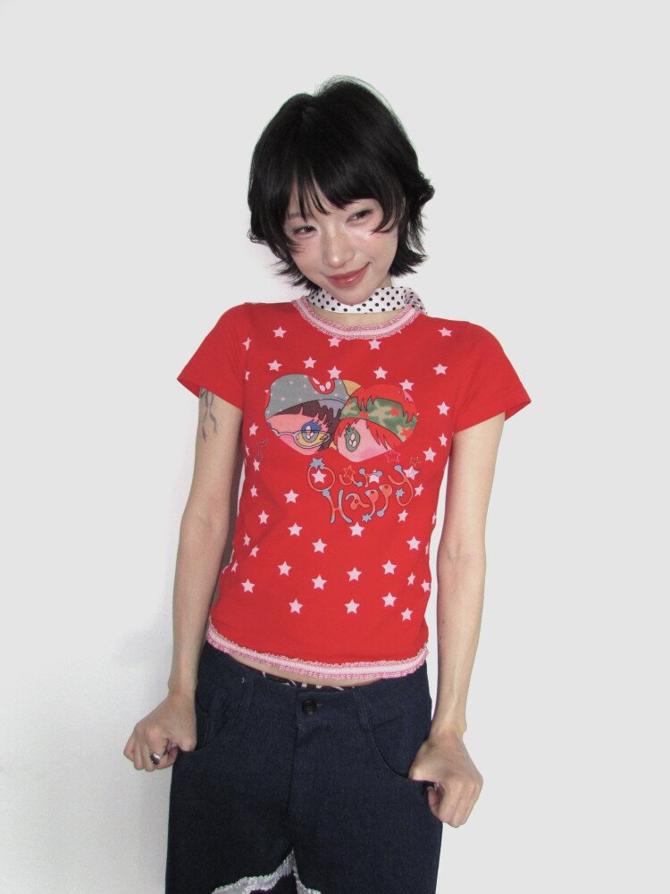 Lace Cotton Mini Print Short Top【s0000018656】