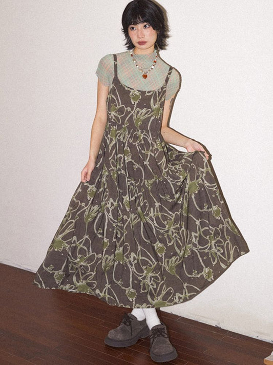 Ink print halter A-line dress loose skirt【s0000008825】