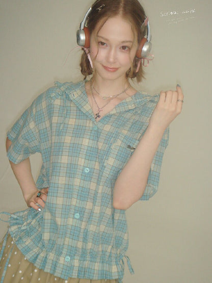 Ruffle Hem Hooded Plaid Shirt【s0000016619】