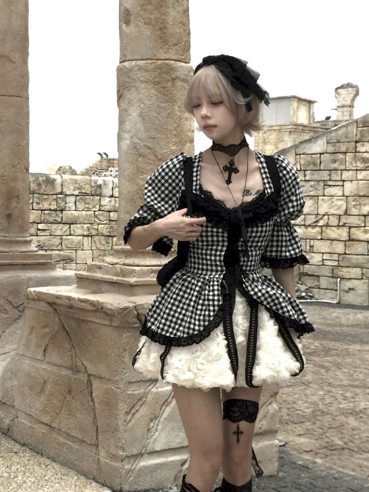 Plaid Lace Tie Bubble Sleeve Rose Set【s0000012437】
