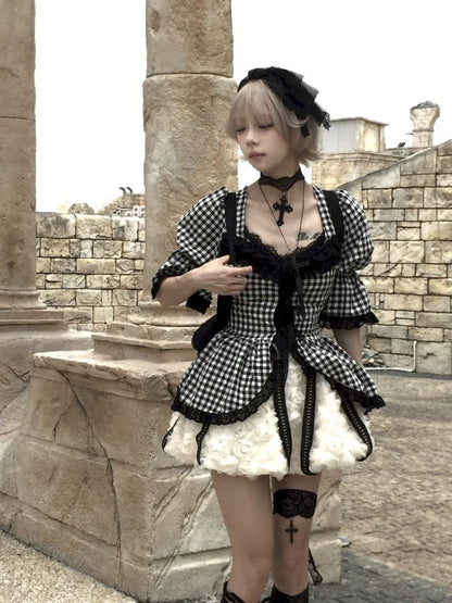 Plaid Lace Tie Bubble Sleeve Rose Set【s0000012437】