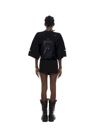 Cat Print Distressed T-Shirt with Drawstring Waist【s0000014018】
