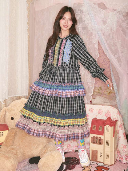 Colorful Lace Plaid Patchwork Black Dress【s0000014823】