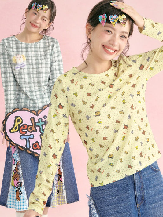 Plaid Crew Neck Waffle Print Top【s0000019249】