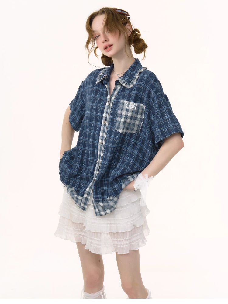 Plaid Patchwork Short Sleeve Shirt【s0000012230】