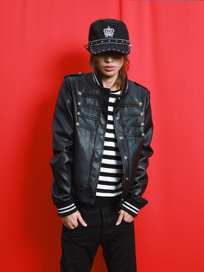 Dark Print Cropped Double Breasted Faux Leather Jacket【s0000019105】