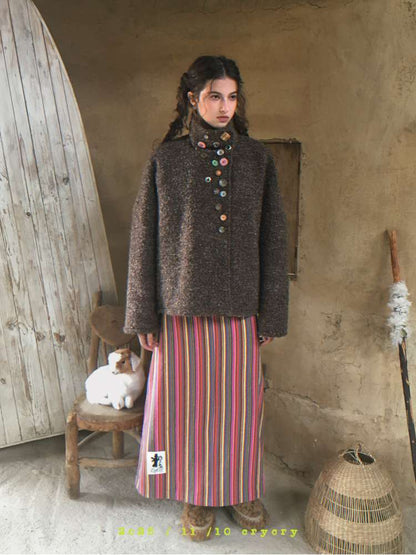 Brown Woolen Loose Button Coat【s0000014896】