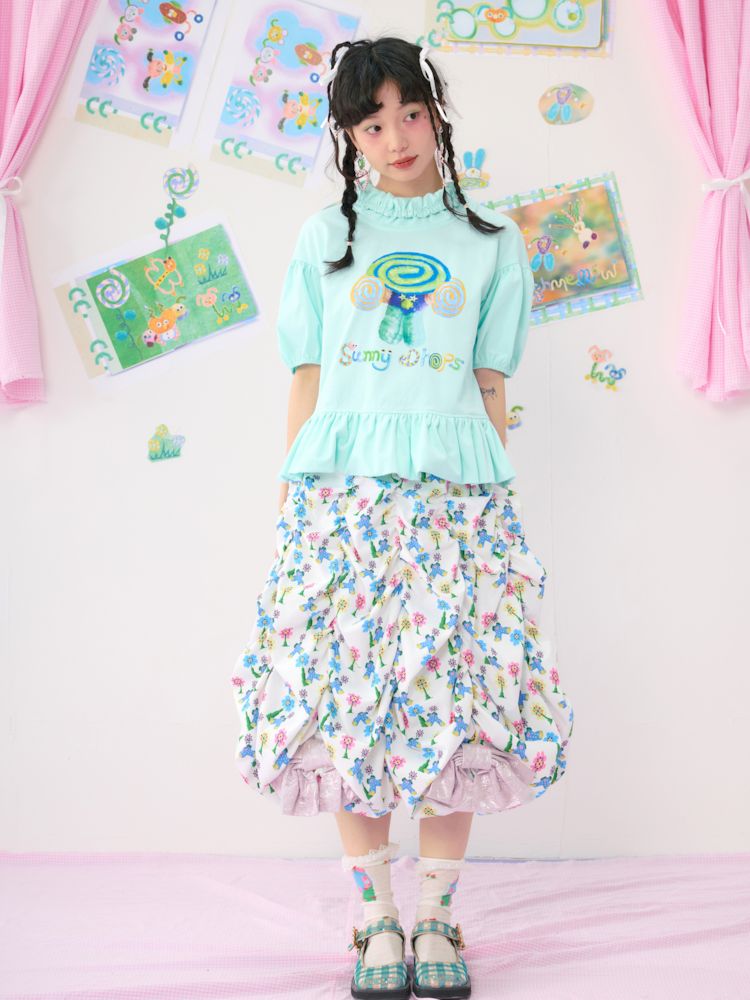 Bubble Sleeve Short Colourful Printed T-Shirt【s0000009542】