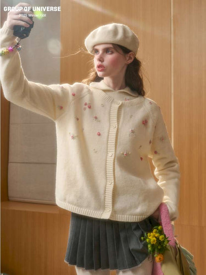 Wool Hand-Embroidered Flower Sweater Cardigan【s0000014891】