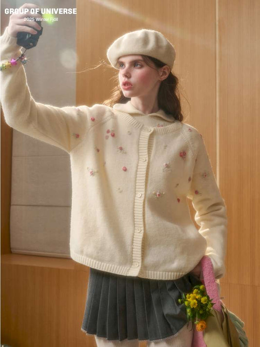 Wool Hand-Embroidered Flower Sweater Cardigan【s0000014891】