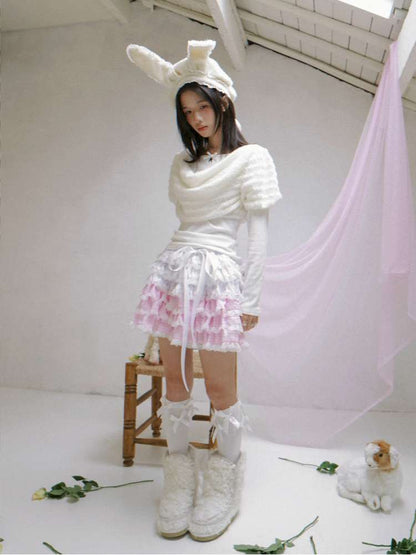 Draped Collar Bow Knitted Two-Piece Top【s0000014938】