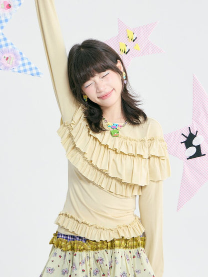 Yellow Pleated Off Shoulder Base T-Shirt【s0000018371】