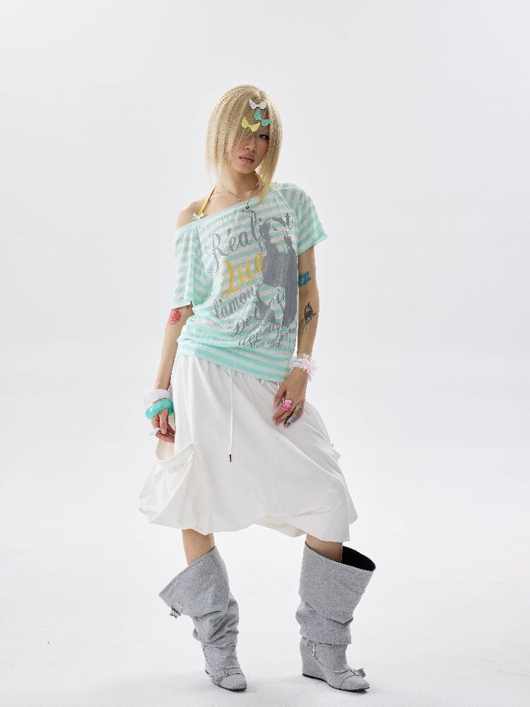 Single Shoulder Striped Halter T Shirt【s0000017640】