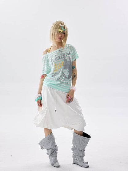 Single Shoulder Striped Halter T Shirt【s0000017640】
