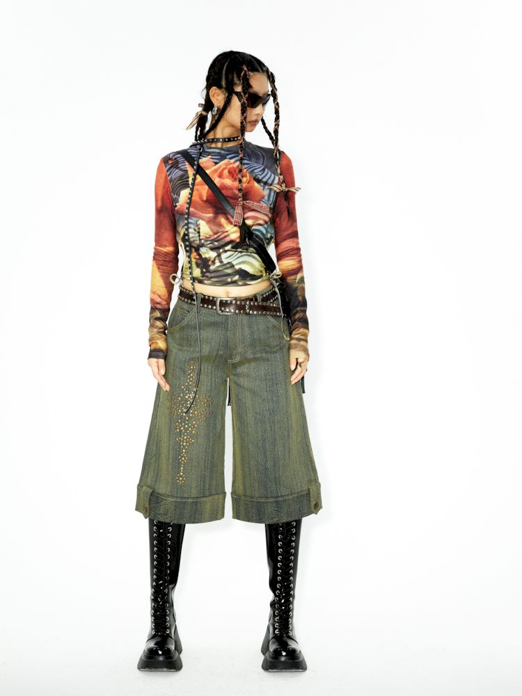 장식 된 렌더링 된 세척 데님 미디 바지 [S0000006271]