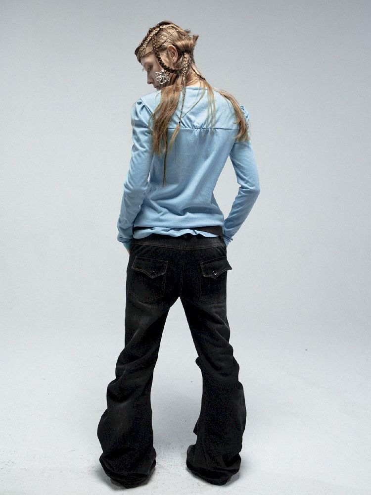 Bubble Sleeve Square Neck Printed Long Sleeve Tee【s0000011840】