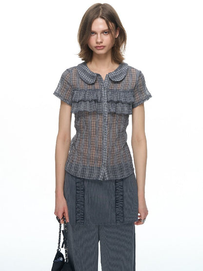 Purple Gray Doll Collar Bow Shirt【s0000015874】