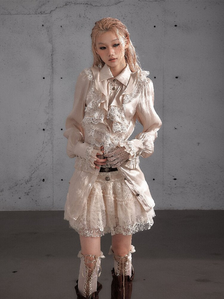 Ruffled Lace Satin Silk Shirt【s0000019157】