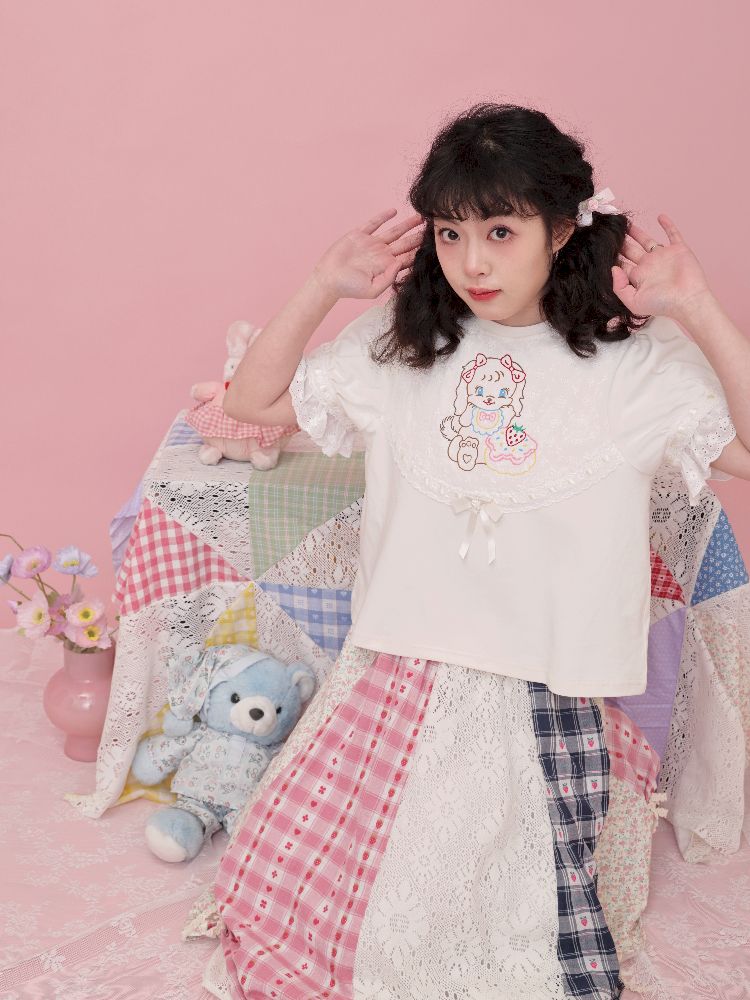 Lace Ribbon Bubble Sleeve T-Shirt【s0000012014】