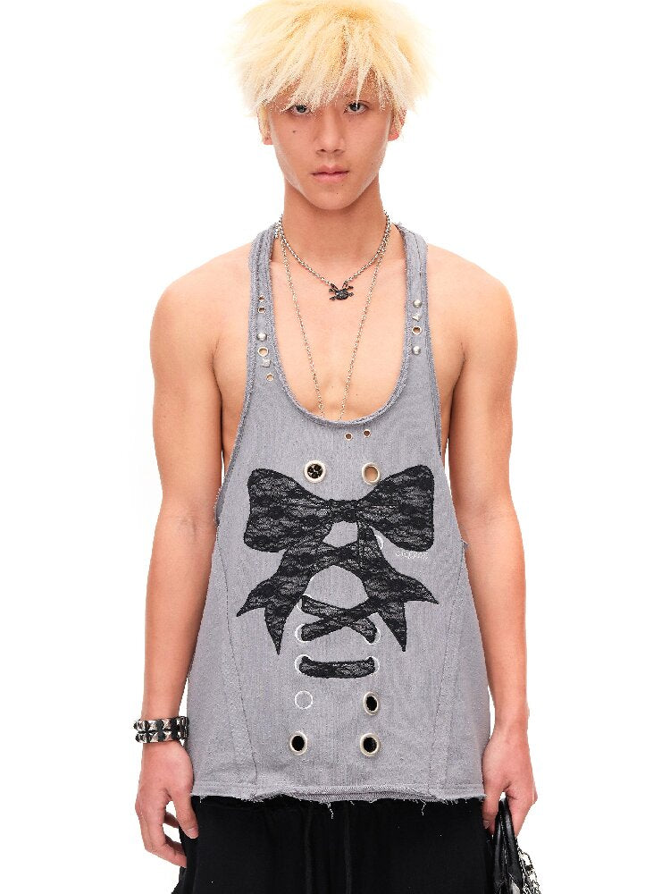 Lace Bow Rivet Distressed Vest【s0000016496】