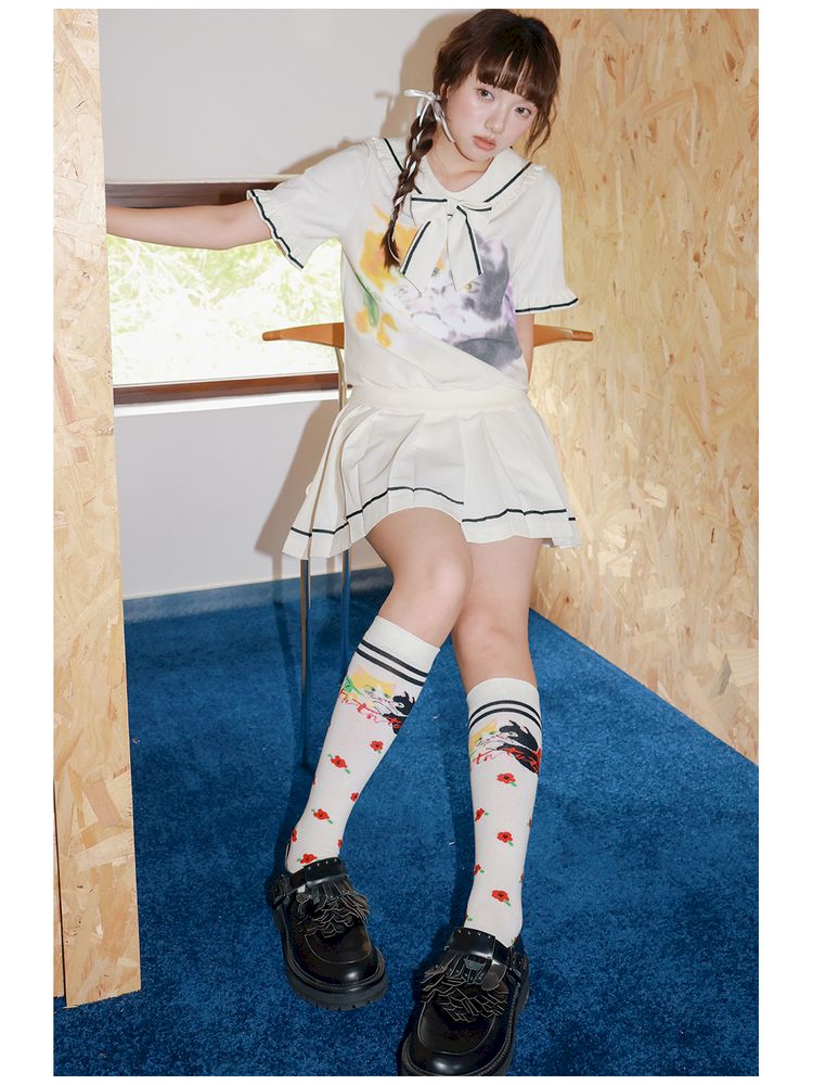 Kitten Printed Navy Neck Short Sleeve Half Dress【s0000013339】