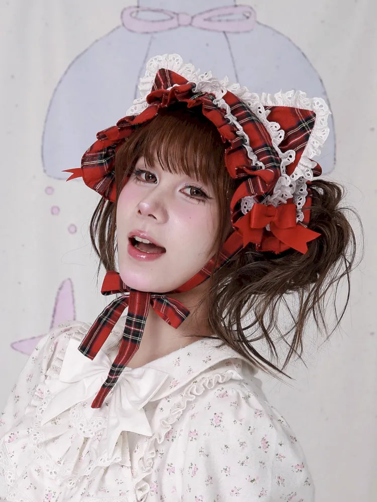 Red Plaid Cute Cat Ear Headband【s0000014106】