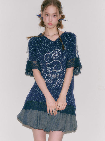 Dark Blue Rabbit Floral Lace T-Shirt【s0000016602】
