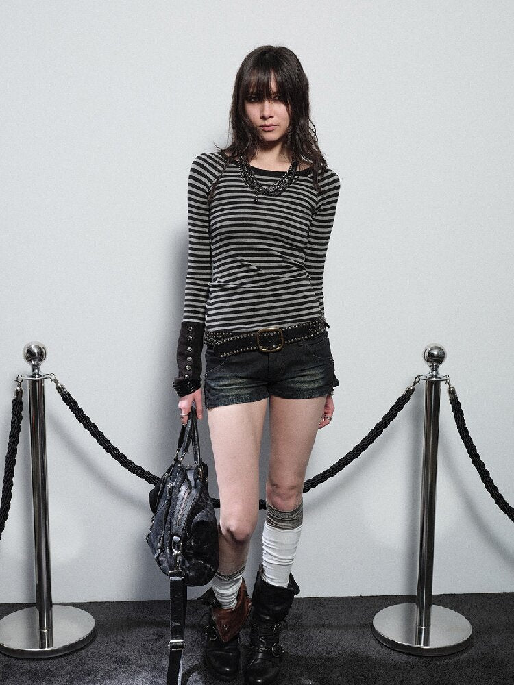 Striped Slim Punk Raglan T-Shirt【s0000016234】