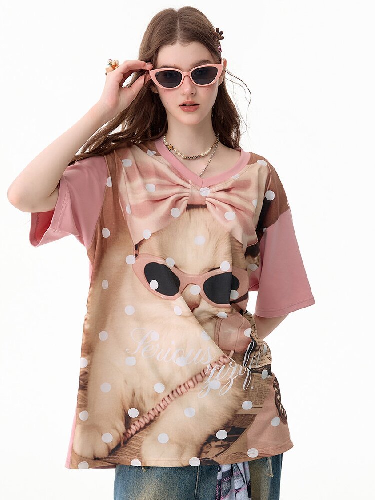 Wave Cat Print Loose Short Sleeve T【s0000017670】