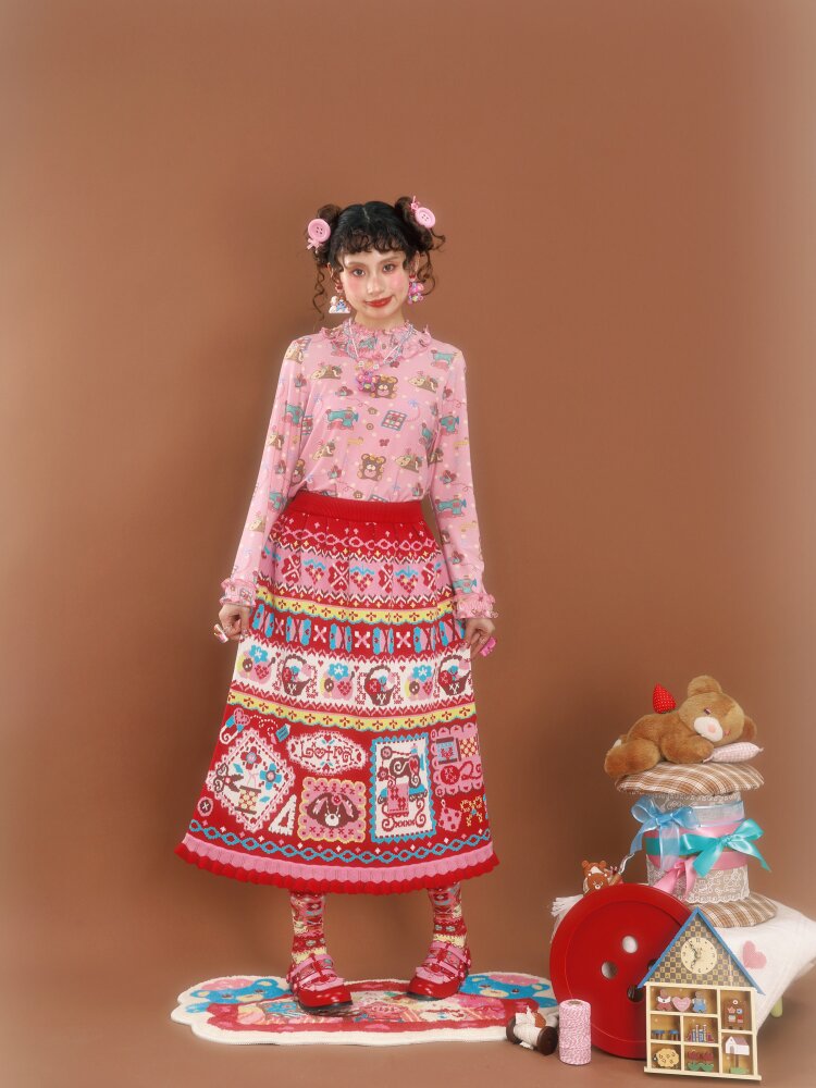 Red Jacquard Vintage Lace Skirt【s0000015590】