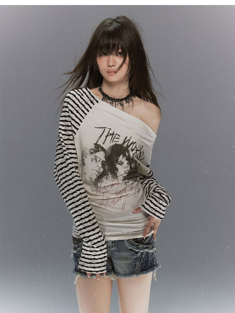Punk Graffiti Portrait Striped T-Shirt【s0000017854】