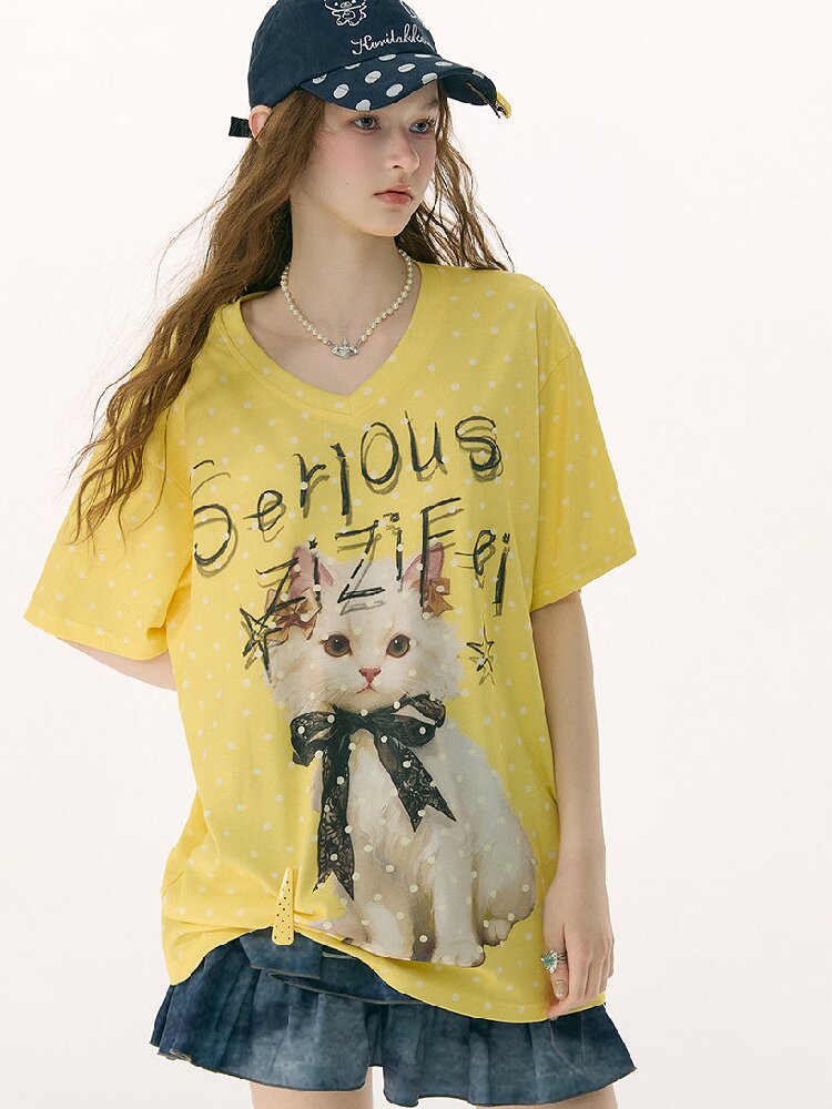 Loose Polka Dot Cat Print T-Shirt【s0000016857】