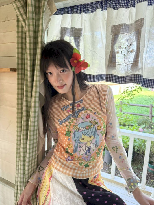 Printed Long-Sleeved Mesh T-Shirt【s0000012776】