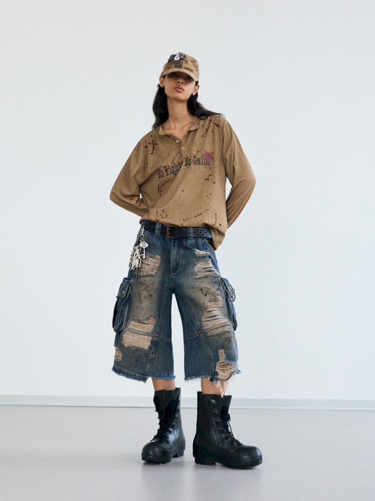 Washed and Ripped Denim Seven-Point Pants【s0000012476】