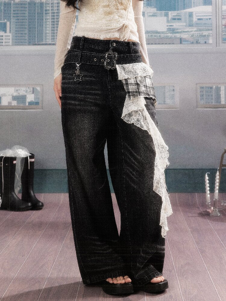 Plaid Ruffled Wide Leg Jeans【s0000016268】
