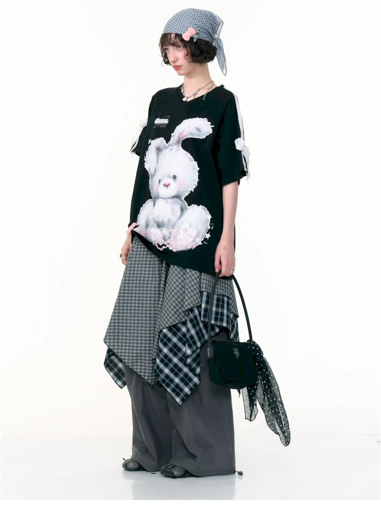 Rabbit print v-neck black short sleeve t-shirt【s0000013380】