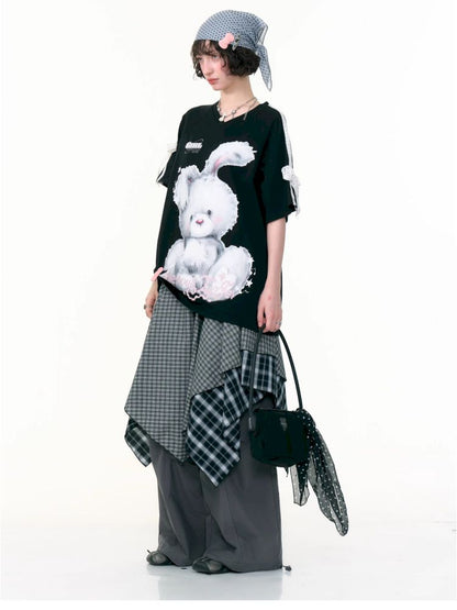 Rabbit print v-neck black short sleeve t-shirt【s0000013380】