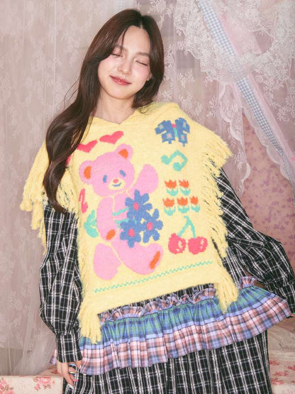 Yellow Bear Knit Shawl Tassel Hooded Cape【s0000014821】
