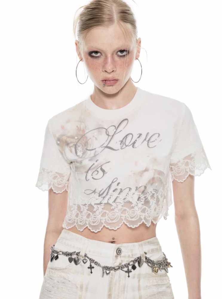 Lace false two pieces splicing short-sleeved T-shirt【s0000009694】