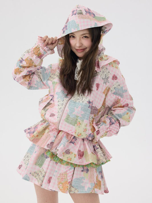 Pink Lace Print Collar Coat Suit【s0000016192】