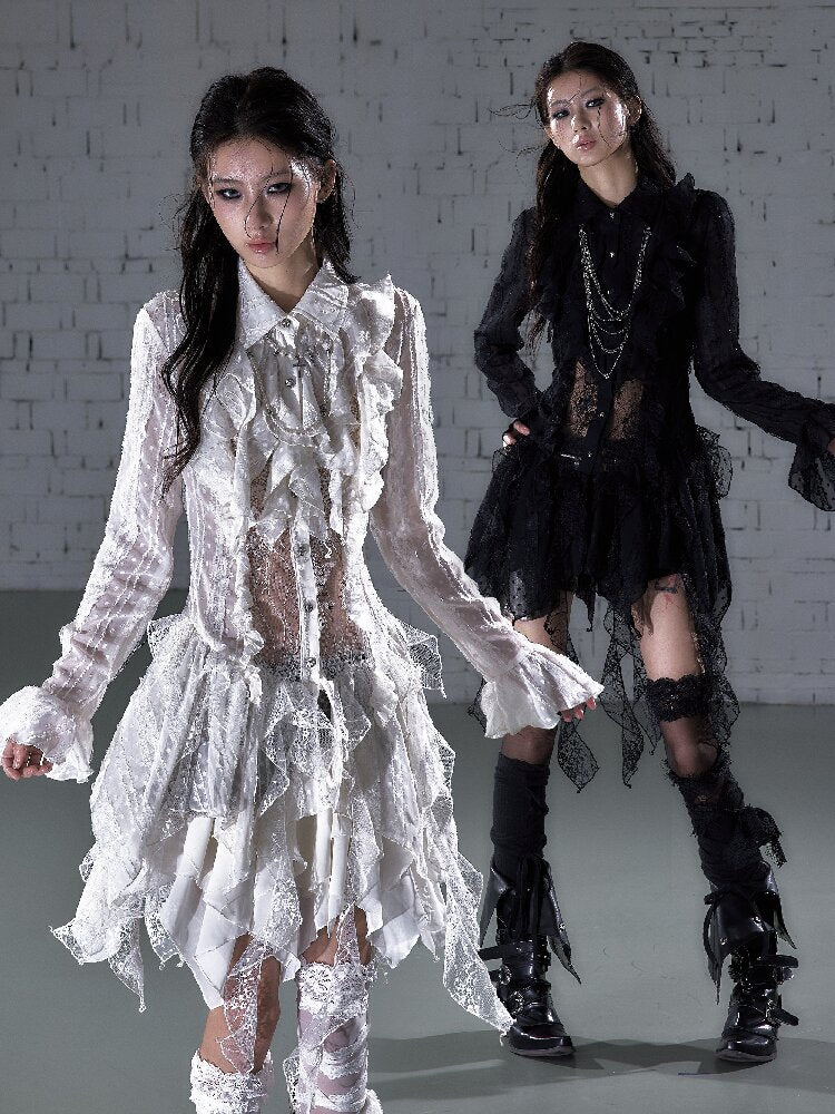 Openwork Lace Irregular Shirt Dress【s0000015941】