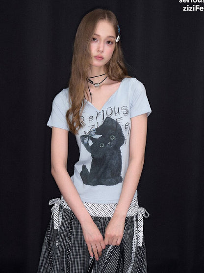 Vneck Cat Print Short Sleeve T Shirt【s0000017158】
