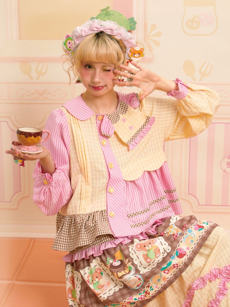 Dress Collar Design Pink Yellow Shirt【s0000013699】