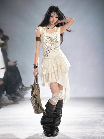 Strap Print Lace Ruffled Dress【s0000016214】