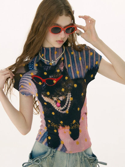 Polka Dot Cat Pleated T-Shirt【s0000016853】